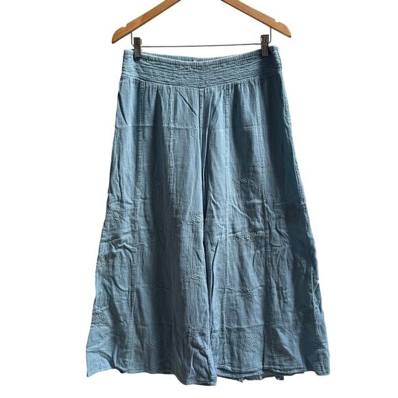 North Style Pants - Boho Hippy Wide Leg Ankle Pants SZ S Gauze Embroidered Blue Cotton Stretch Waist